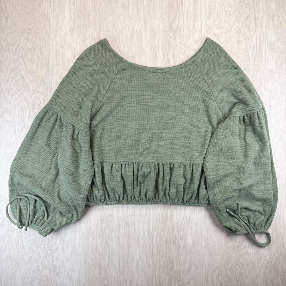 Puff Sleeve Aerie Green Textured Cropped Peplum Hem Cottagecore Boho